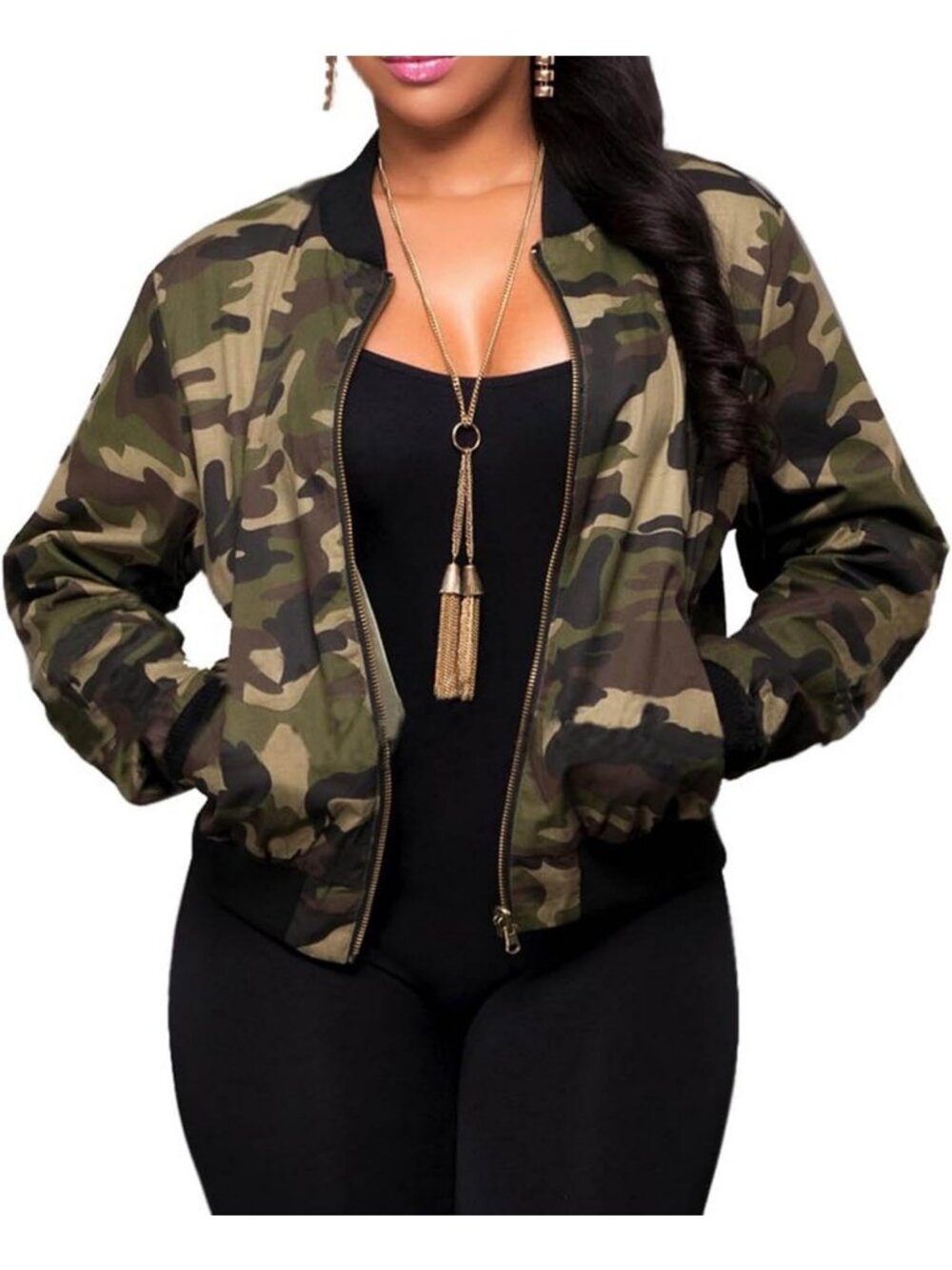Camo Bomber Jacket for Women | Zipper Up Army Camouflage Moto Outerwear